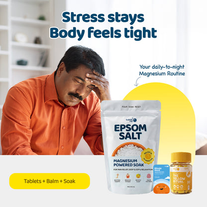Stress Sleep Muscle Head Support Bundle: Yellow Ritual (30 Tabs) + Epsom Salt 1 Kg + Minute Mend Balm