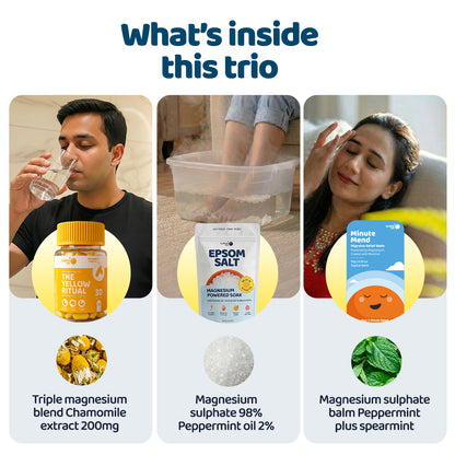 Stress Sleep Muscle Head Support Bundle: Yellow Ritual (30 Tabs) + Epsom Salt 1 Kg + Minute Mend Balm