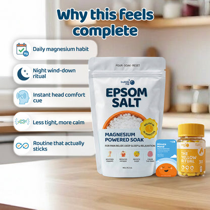 Stress Sleep Muscle Head Support Bundle: Yellow Ritual (30 Tabs) + Epsom Salt 1 Kg + Minute Mend Balm