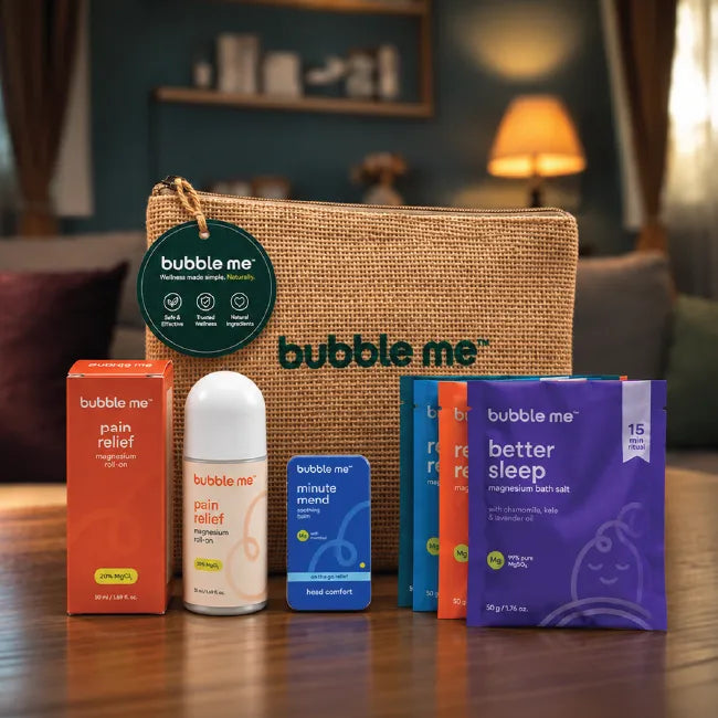 Travel Kit | Pain Relief Magnesium Roll-On + Minute Mend Magnesium Balm + The Reset Kit - 4 Magnesium Bath Salt Rituals for Sleep, Stress, Muscle & Head Comfort + Handy Pouch