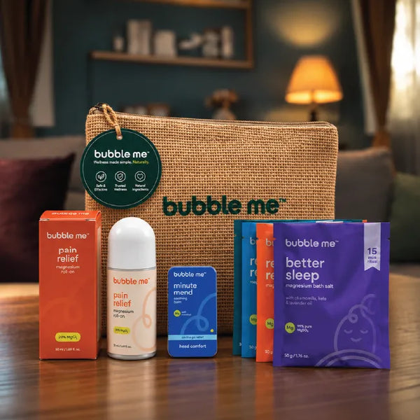 Travel Kit | Pain Relief Magnesium Roll-On + Minute Mend Magnesium Balm + The Reset Kit - 4 Magnesium Bath Salt Rituals for Sleep, Stress, Muscle & Head Comfort + Handy Pouch