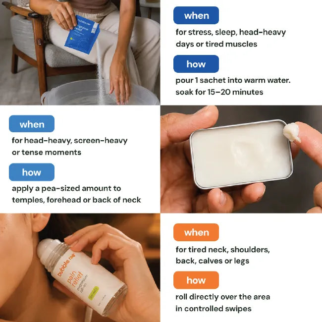 Travel Kit | Pain Relief Magnesium Roll-On + Minute Mend Magnesium Balm + The Reset Kit - 4 Magnesium Bath Salt Rituals for Sleep, Stress, Muscle & Head Comfort + Handy Pouch