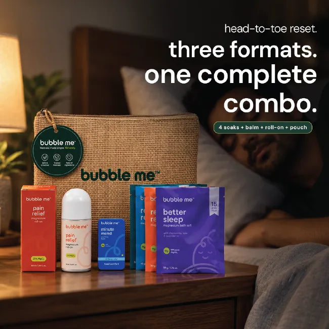 Travel Kit | Pain Relief Magnesium Roll-On + Minute Mend Magnesium Balm + The Reset Kit - 4 Magnesium Bath Salt Rituals for Sleep, Stress, Muscle & Head Comfort + Handy Pouch