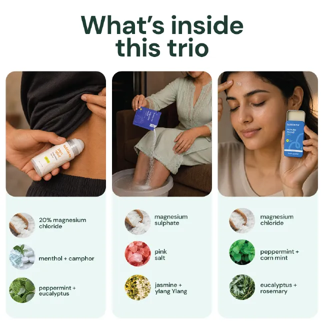 Travel Kit | Pain Relief Magnesium Roll-On + Minute Mend Magnesium Balm + The Reset Kit - 4 Magnesium Bath Salt Rituals for Sleep, Stress, Muscle & Head Comfort + Handy Pouch