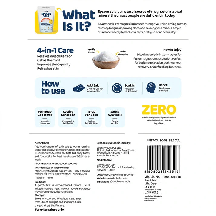 Magnesium Powered Epsom Salt 800g | 99.8% Epsom Salt + Peppermint