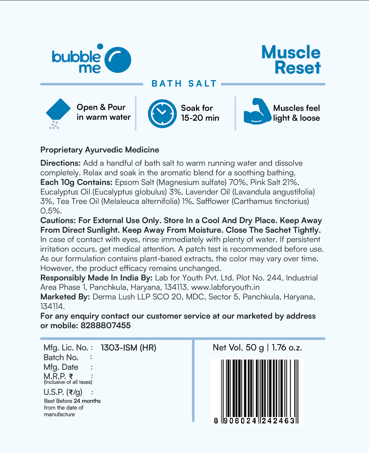 Muscle Reset | Epsom Salt & Eucalyptus-Lavender Blend | Bath Salt Sachet - Single