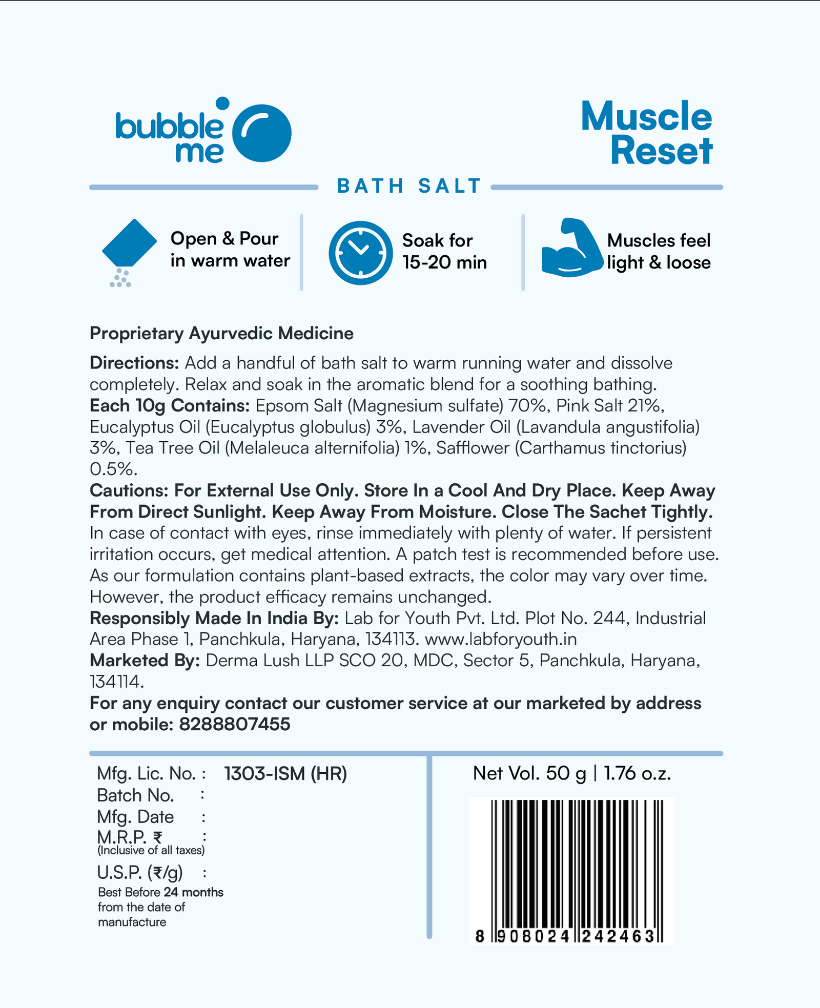 Muscle Reset | Epsom Salt & Eucalyptus-Lavender Blend | Bath Salt Sachet - Single