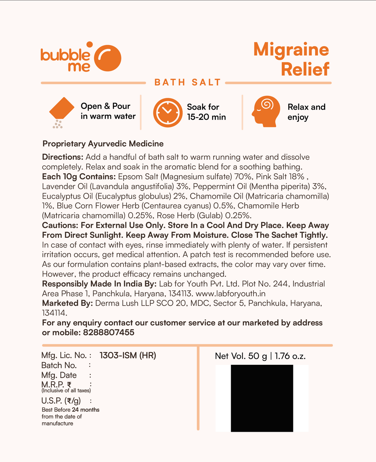 Migraine Relief | Epsom Salt with Peppermint & Chamomile Herbs | Bath Salt Sachet - Single