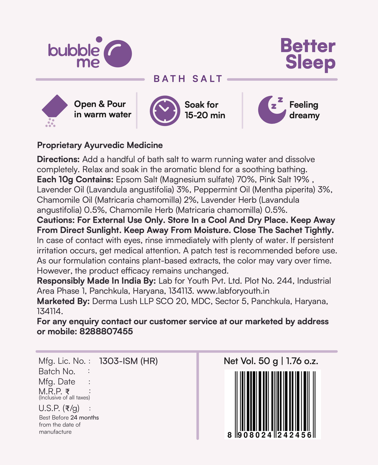 Better Sleep | Epsom Salt with Lavender & Chamomile Relaxing Blend | Bath Salt Sachet - Single