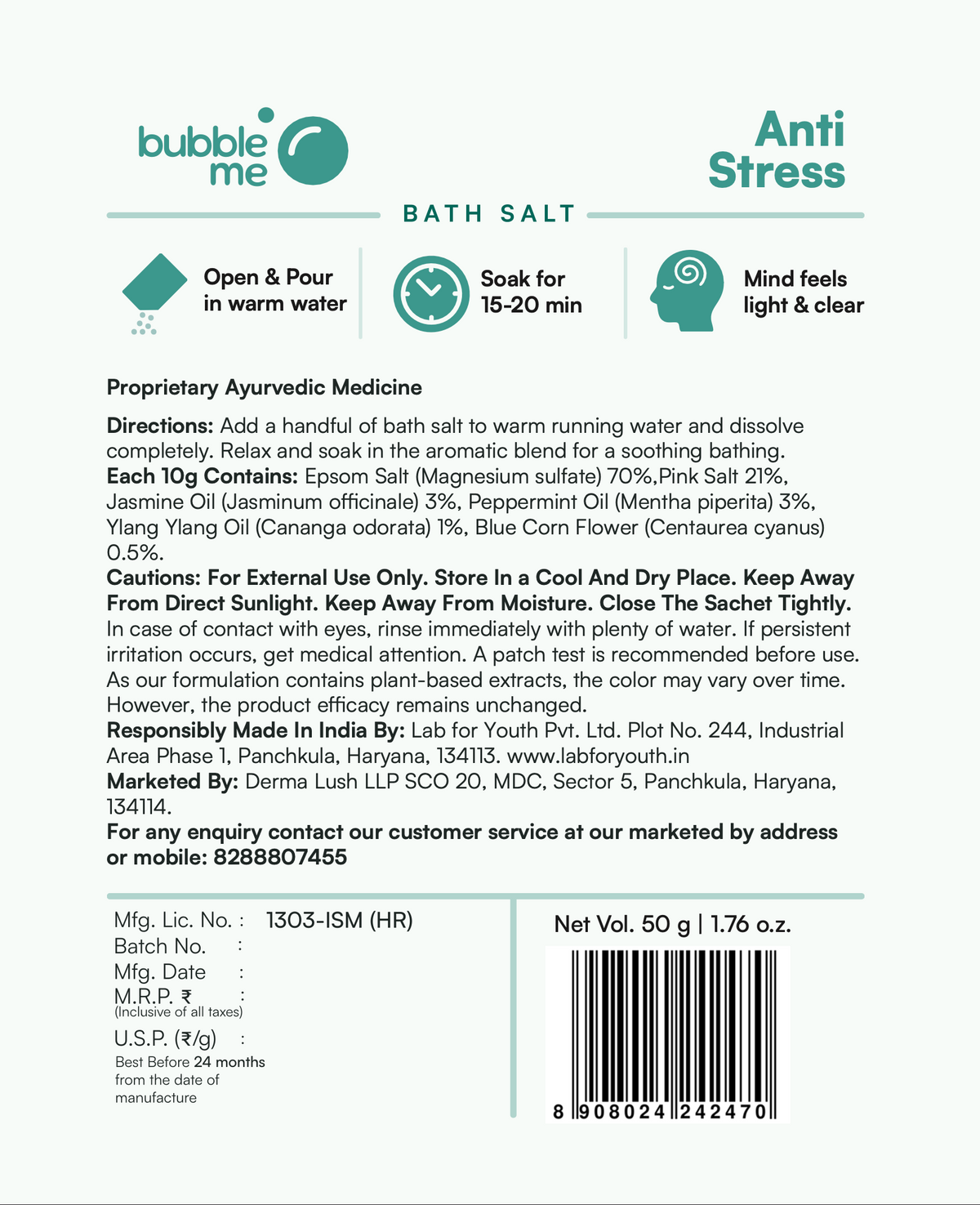 Anti-Stress | Epsom Salt Infused with Jasmine & Ylang Ylang Oils | Bath Salt Sachet - Single