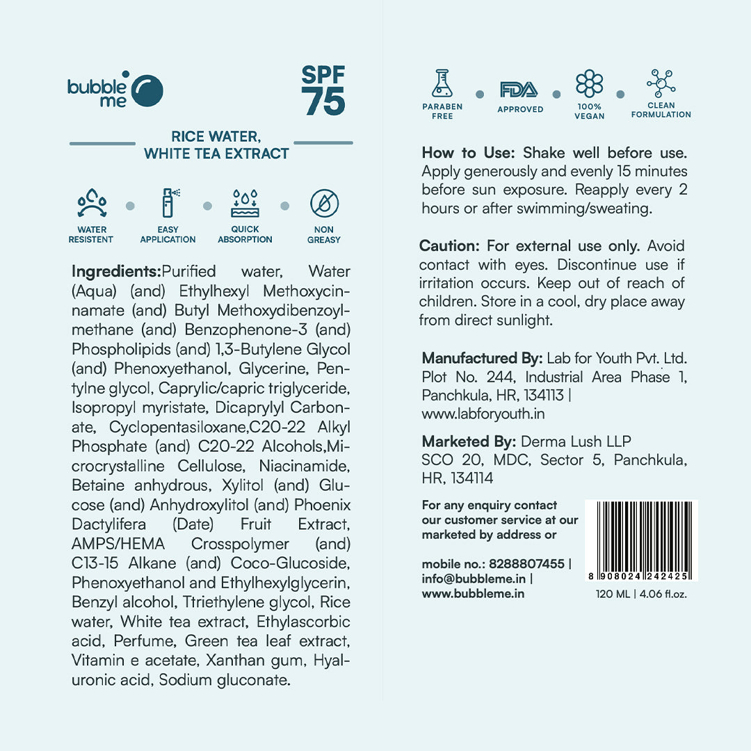 SPF 75 PA++++ Sunscreen Body Mist | Enriched with Rice Water & White Tea Extract | Fast-Absorbing | Water Resistant - Bubble Me