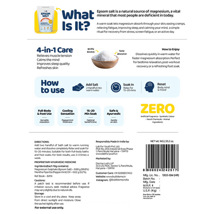 Magnesium Powered Epsom Salt Soak | 100% Pharma-grade Magnesium Sulphate | Peppermint Essential Oil | 1 Kg